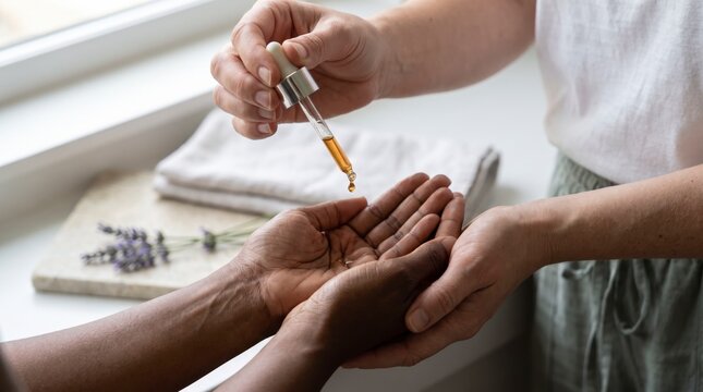 Aromatherapist dripping golden essential oil from a glass dropper into a client's cupped hands