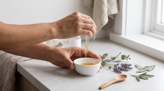 Aromatherapist blending essential oils with a dropper over a white bowl beside lavender and sage