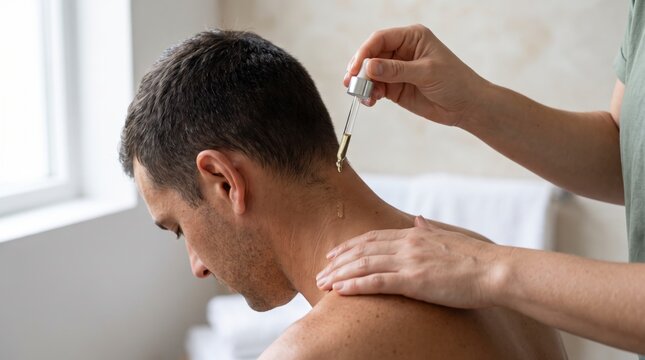 Aromatherapist releasing a drop of essential oil from a dropper onto the nape of a man's neck