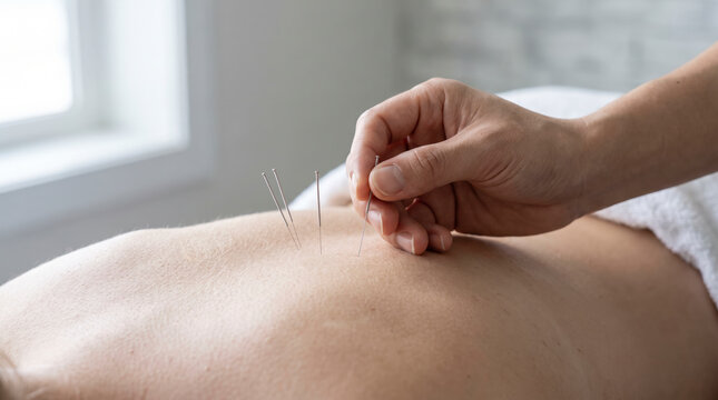 Acupuncturist inserting fine needles into the upper back of a patient during a targeted session