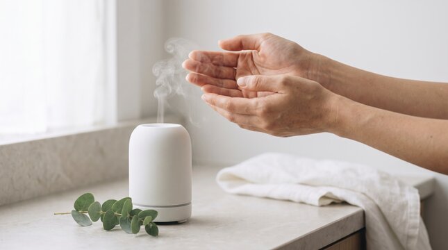 Spa guest breathing in the mist of an aroma diffuser with cupped hands beside eucalyptus