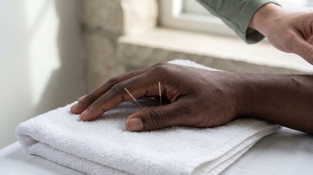 Acupuncturist placing fine needles into the hand of a patient resting on a folded white towel