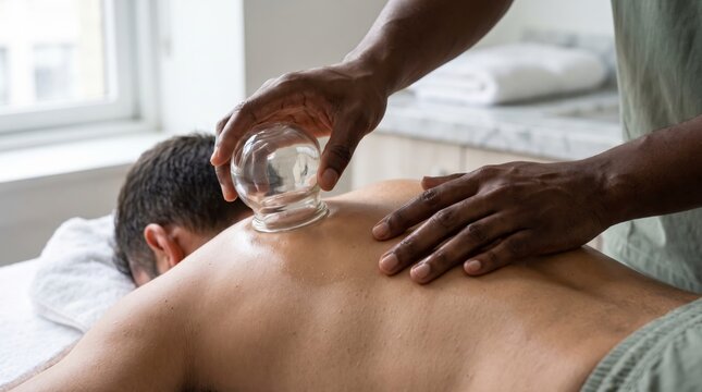 Cupping practitioner lifting a glass cup from the shoulder of a man during a therapeutic session