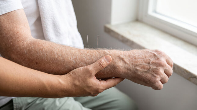 Acupuncturist steadying the forearm of an older patient with fine needles placed for pain relief