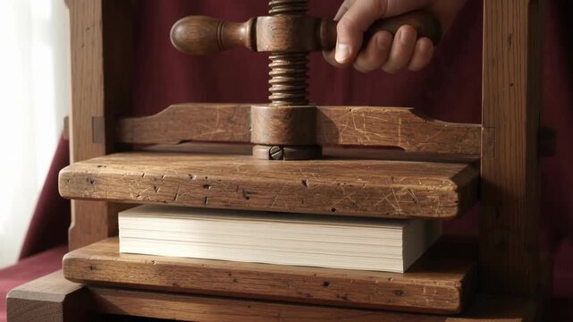 Hand Turning Wooden Screw On Antique Book Press With Stack Of Paper