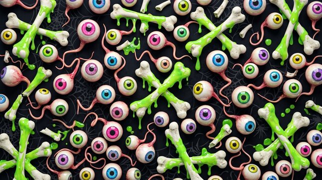 Spooky halloween background featuring multicolored eyeballs scattered amidst neon green slime