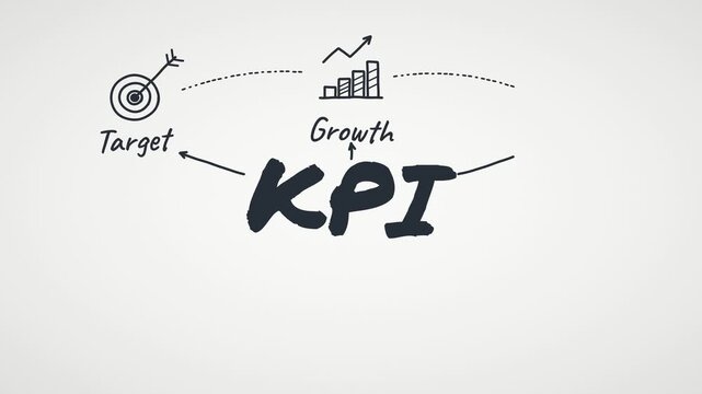 KPI hand drawn diagram on white paper, animated video where the target, growth, optimize, analyze and success icons appear one after another, connected by arrows and dashed lines around the central KP