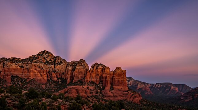 Anticrepuscular rays streaking across the purple sky above red rock formations in Sedona Arizona at dusk