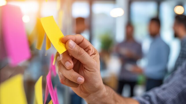Closeup medium shot on a hand using sticky notes to organize taxonomy and ESRS tags on a board room and other participants blurred.