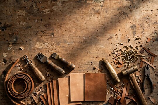 Leather-craft workbench with tools and leather wallet blanks
