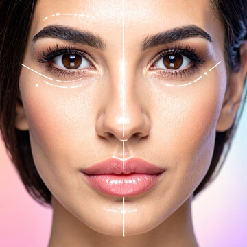 Woman face with glowing skin, facial symmetry and cosmetic contour lines creating futuristic beauty portrait with confident expression
