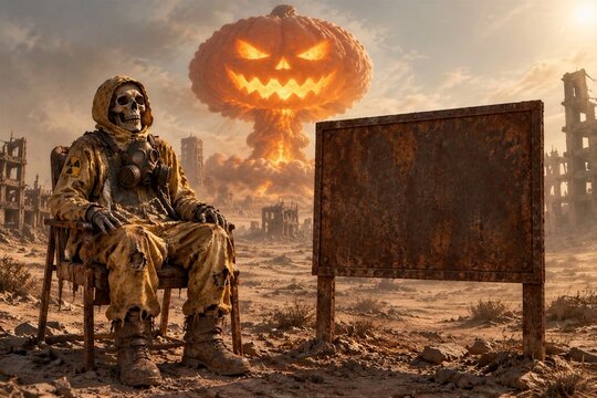 Nuclear apocalypse Halloween background with pumpkin mushroom cloud, skeleton in radiation suit with gas mask and rusty sign, generative AI