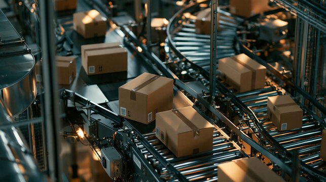 Cardboard Boxes on Automated Conveyor Belt in Warehouse