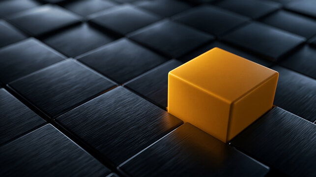 Unique Yellow Cube Standing Out from Dark Grid