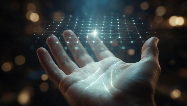 Hand Holding Glowing Futuristic Digital Data Network Grid