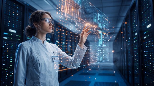 Female IT Engineer Interacting with Holographic Interface in Server Room