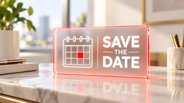 Glowing red save the date glass sign with calendar icon on a marble office desk representing corporate event scheduling and important business reminders.