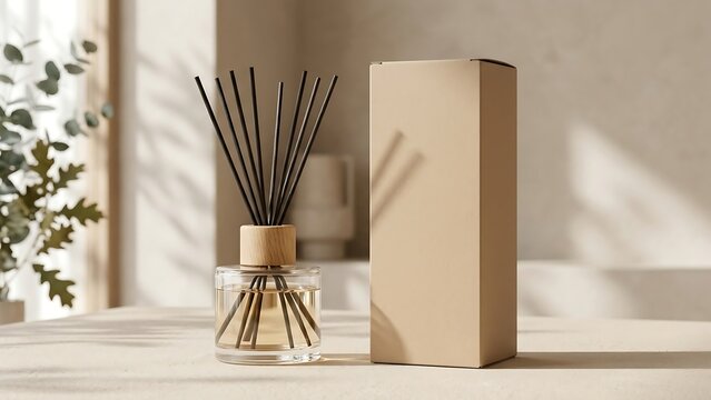 Minimalist reed diffuser in a clear glass bottle with wooden cap and black sticks standing next to a plain kraft cardboard box on a table with soft sunlight and green plant background