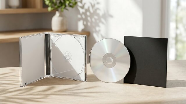Minimalist blank CD DVD mockup featuring an open clear jewel case and a black cardboard sleeve on a wooden table in a bright sunlit room with natural leaf shadows for creative branding
