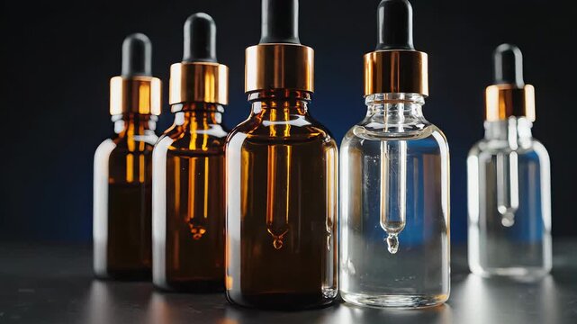 Slow camera zoom towards a row of amber and clear glass dropper bottles on a dark surface, cinematic lighting. Skincare, cosmetics, essential oils, aromatherapy.