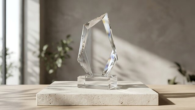 Elegant clear crystal award trophy for top 100 performance or corporate excellence, placed on a stone pedestal in a bright modern interior with natural sunlight and minimalist room decor.