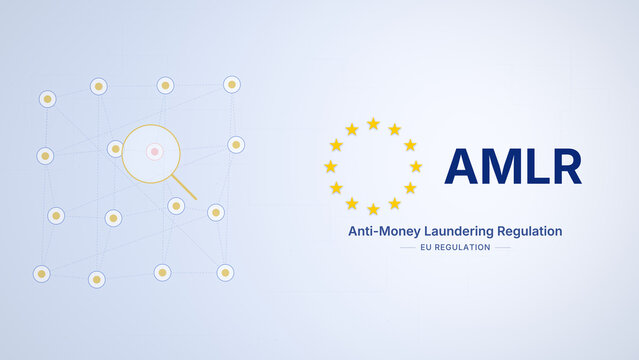 AMLR Anti-Money Laundering Regulation lockup with twelve gold stars and a magnifier over a node network