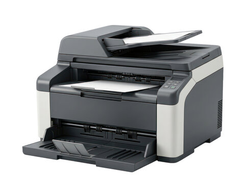 Photo-realistic Multifunction Printer with Scanner and Copier on Black Background