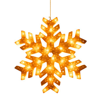 Golden glowing Christmas snowflake decoration with LED lights isolated on transparent background.