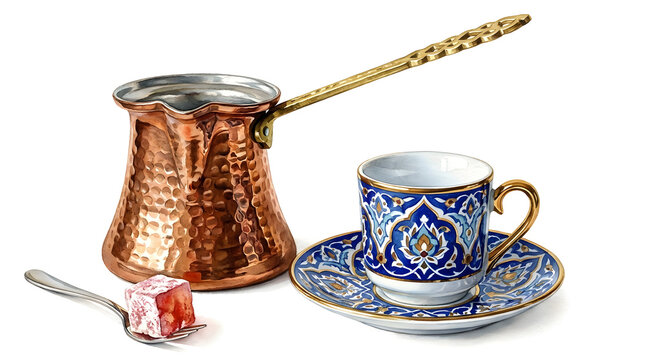 Traditional Turkish coffee set with copper cezve and ceramic cup