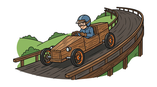 Child races wooden soapbox car down a track