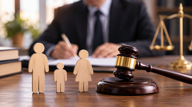 Family Law and Paternity Dispute Concept with Wooden Family Figures, Judge Gavel and Legal Professional Reviewing Documents in Courtroom