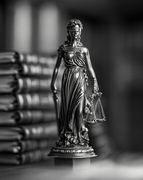 Blindfolded Lady Justice bronze statue holding scales and sword on a pedestal surrounded by stacked law books in a moody monochrome courtroom.