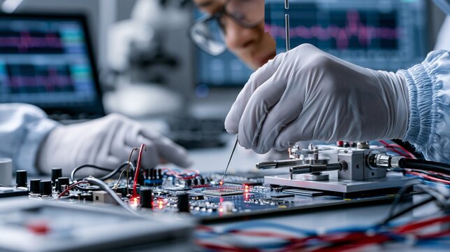 Female technician in antistatic gloves calibrates mems gyroscope components using a precision jig and electronic instruments.