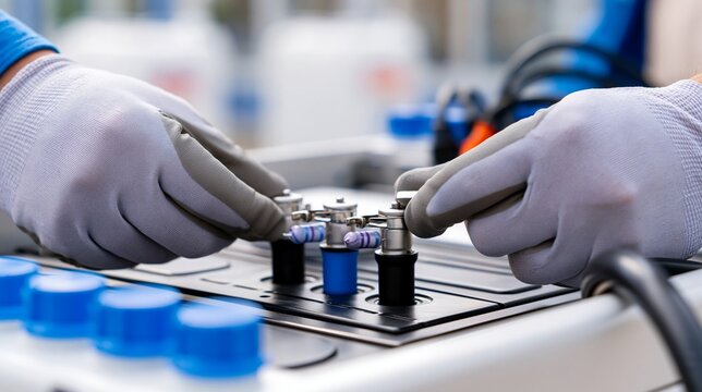 Closeup of gloved fingers securing plugs on a portable hydrogen fuel cell generator framed by outoffocus temporary shelter elements and diffused natural daylight ambiance.