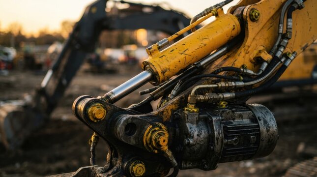 Hydraulic actuator cylinder and electric brushless motor drive housing on an excavator boom with yellow steel, fluid lines, and grease fittings.