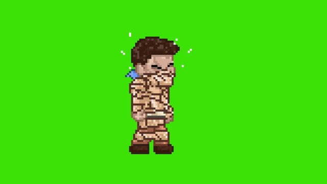 Pixel art retro game animation of adventurer character breaking free and tearing ancient mummy cloth wrap, isolated on green screen.
