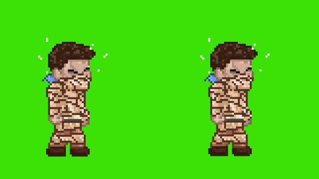Pixel art retro game animation of adventurer character breaking free and tearing ancient mummy cloth wrap, isolated on green screen, art.