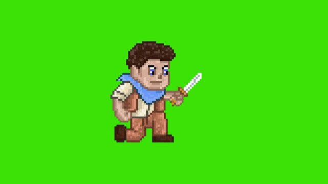 Pixel art retro game action animation of adventurer character crouching and attacking with dagger knife, isolated on green screen.