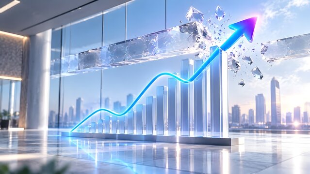 Conceptual business growth chart with a glowing blue trendline arrow breaking through a glass ceiling symbolizing exceeding limits and corporate success in a modern city office.