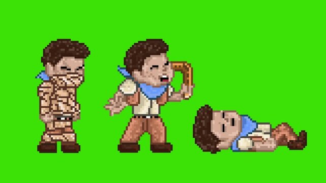 Pixel art retro game character status animation bundle featuring hurt damage, defeated death and trapped in mummy bandages, isolated on green screen.