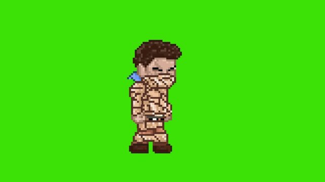 Pixel art retro game animation of adventurer character trapped and tied up in ancient mummy bandages, isolated on green screen.