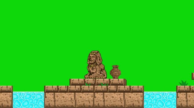 Pixel art retro game animation of ancient Egyptian stone platform level design with sphinx statue and moving water, isolated on green screen, art.