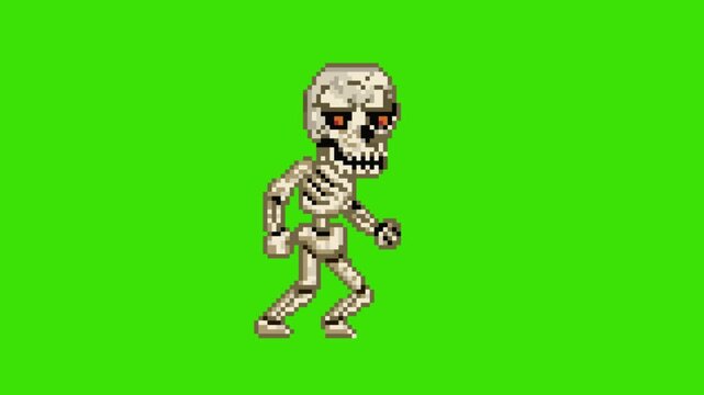 Pixel art retro game animation of undead skeleton enemy warrior in standing idle pose, isolated on green screen.