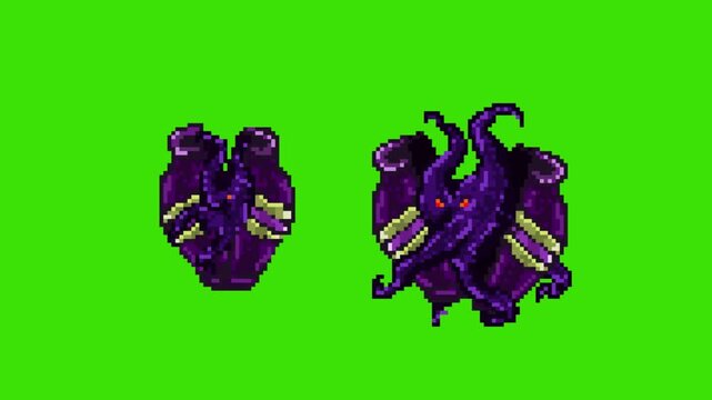 Pixel art retro game animation of cursed Egyptian jar breaking and releasing dark purple smoke monster, isolated on green screen.