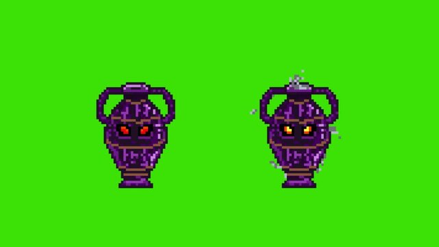 Pixel art retro game animation of cursed purple Egyptian jars with glowing evil eyes blinking, isolated on green screen.