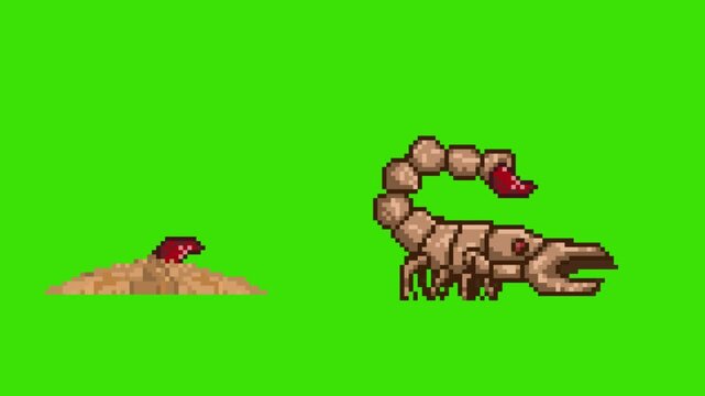 Pixel art retro game animation of dangerous desert scorpion enemy buried hidden in sand showing stinger, isolated on green screen.