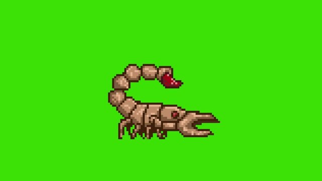 Pixel art retro game animation of desert scorpion enemy creature in idle breathing stance, isolated on green screen.