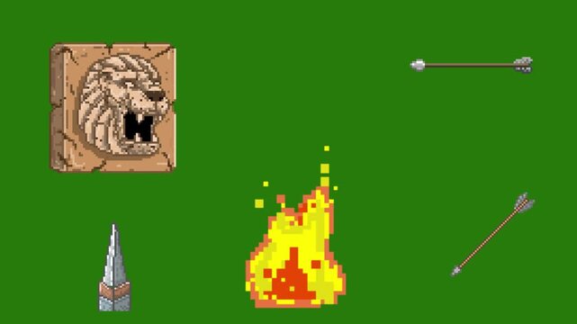 Pixel art retro game animation of dungeon stage hazard level with shooting arrows fire trap and spikes, isolated on green screen.
