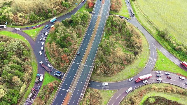 Aerial view of traffic flow moving through Old Craighall junction and roundabout on A720 and A1 road