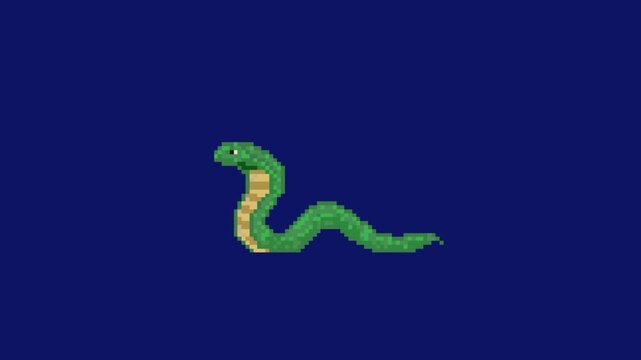 Pixel art retro game animation of green desert snake serpent enemy in idle breathing loop, isolated on blue background.